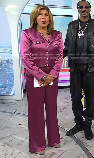 Hoda’s pink satin jacket and pants set on Today