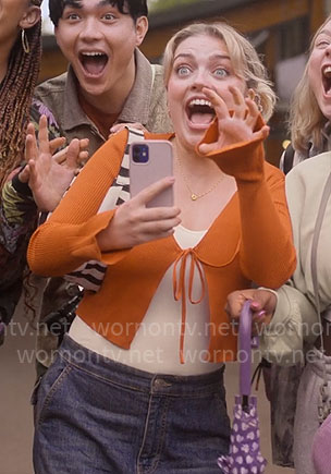 Imogen’s orange tie front cardigan on Heartstopper