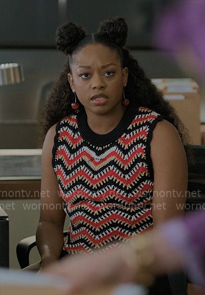 Izzy’s red striped crochet top and cherry earrings on The Lincoln Lawyer
