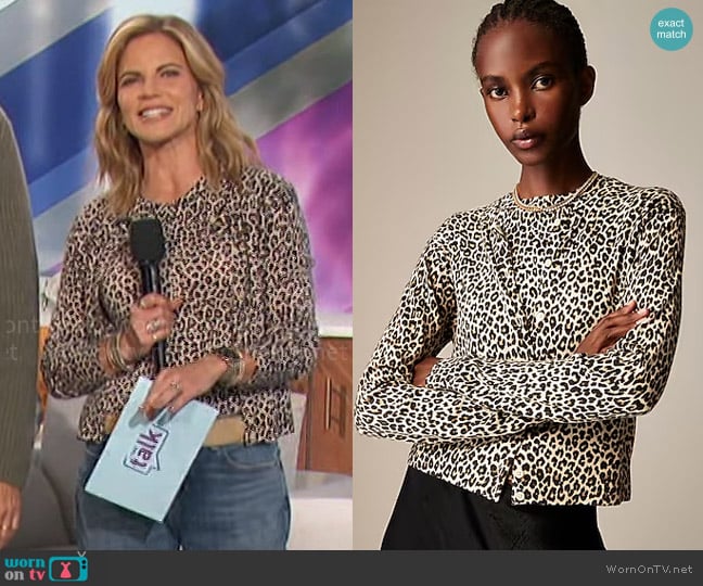 J. Crew Featherweight cashmere-blend sweater shell in leopard print worn by Natalie Morales on The Talk