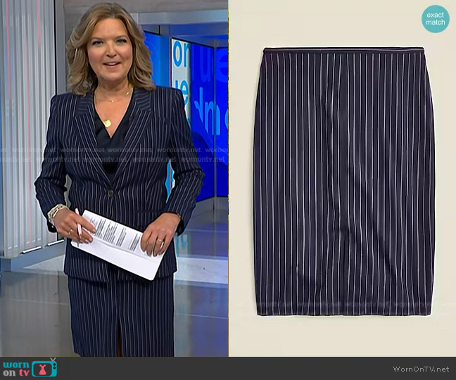 J. Crew Pencil knee-length skirt in navy pinstripe Italian wool blend worn by Christine Romans on NBC News Daily