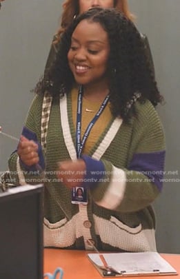 Janine’s green colorblock cardigan on Abbott Elementary