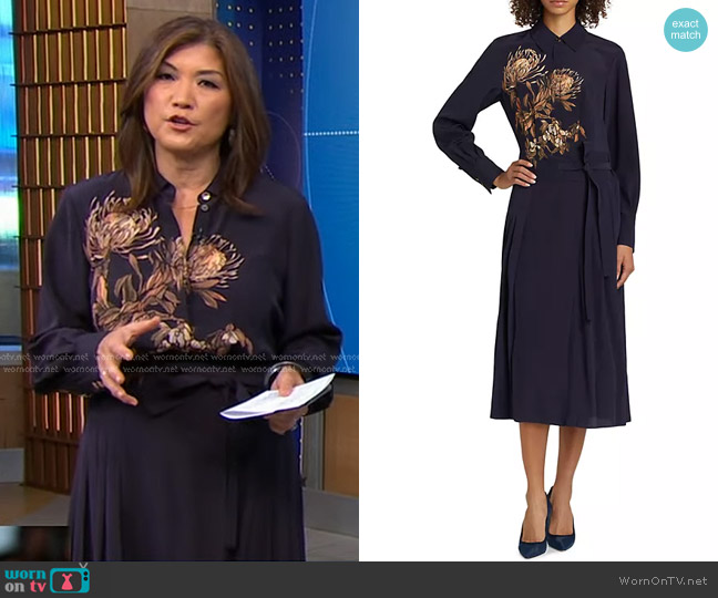 Jason Wu Placed Pleated Floral Silk Midi-Dress in Navy/ Rose Pink Multi worn by Juju Chang on Good Morning America