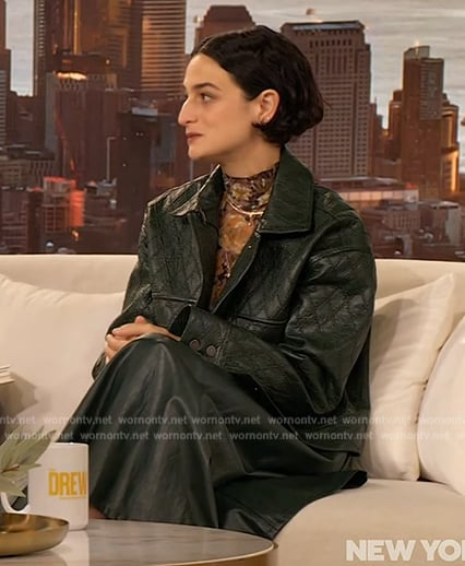 Jenny Slate’s green leather jacket and skirt on The Drew Barrymore Show