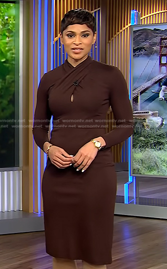 Jericka’s brown cross neck sheath dress on CBS Evening News