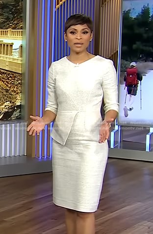Jericka’s white asymmetric sheath dress on CBS Evening News