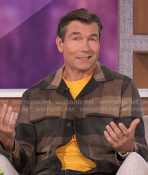 Jerry’s beige checked shirt jacket on The Talk