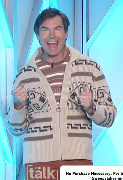 Jerry’s beige printed zip up cardigan on The Talk