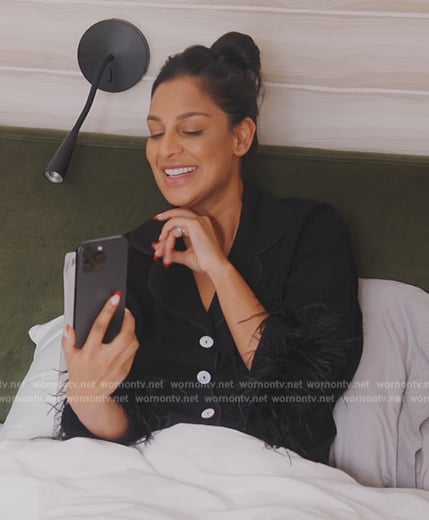 Jessel’s black feather cuff pajama set on The Real Housewives of New York City