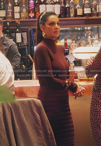 Jessel’s burgundy mesh top and shadow stripe skirt on The Real Housewives of New York City