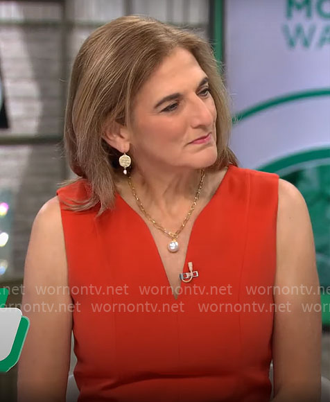 Jill Schlesinger’s red split-neck dress on CBS Mornings