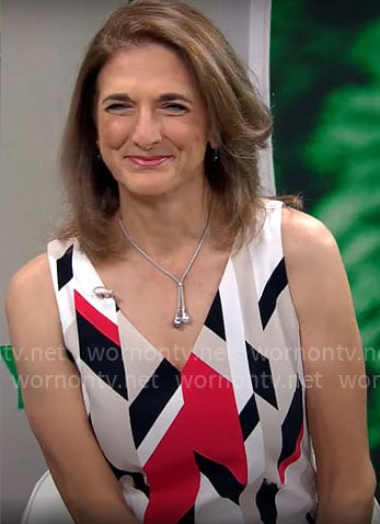 Jill Schlesinger’s geometric print v-neck dress on CBS Mornings