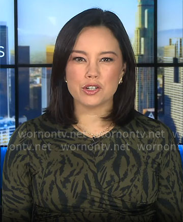 Jo Ling Kent’s olive green animal print dress on CBS Mornings