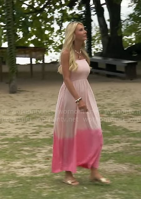 Joan’s pink maxi dress with smocking on The Golden Bachelorette