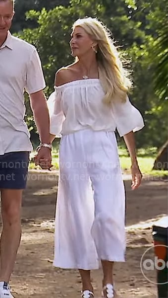 Joan’s white off-shoulder blouse on The Golden Bachelorette