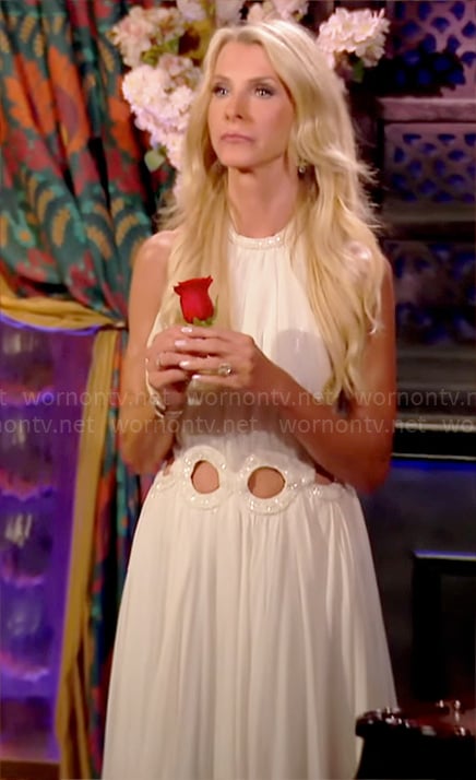 Joan’s white rose ceremony gown with circle cutouts on The Golden Bachelorette