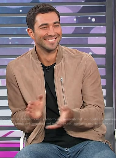 Joey Graziadei’s suede bomber jacket on Access Hollywood