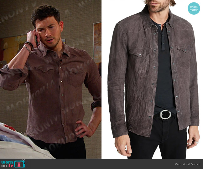 John Varvatos Mason Sheepskin Leather Western Shirt Jacket in Purple Haze worn by Alexander Kiriakis (Robert Scott Wilson) on Days of our Lives