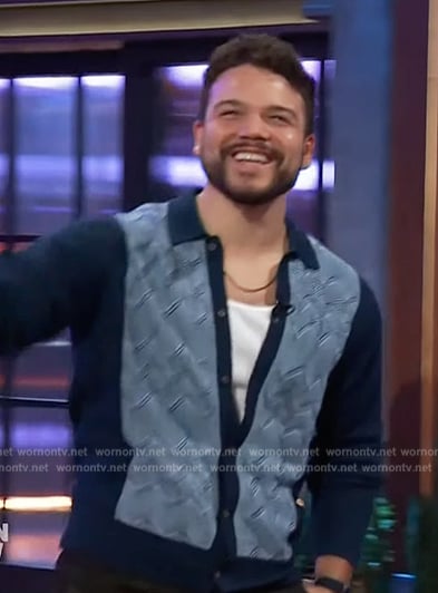 Josh Rivera’s blue cardigan on The Kelly Clarkson Show