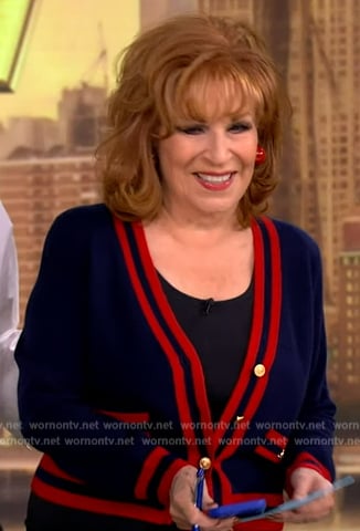Joy’s navy stripe trim cardigan on The View