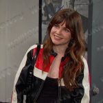 Joy’s black colorblock moto jacket and side stripe jeans on Days of our Lives