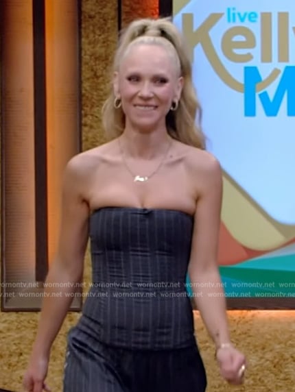 Juno Temple’s gray tubeless top and pants on Live with Kelly and Mark
