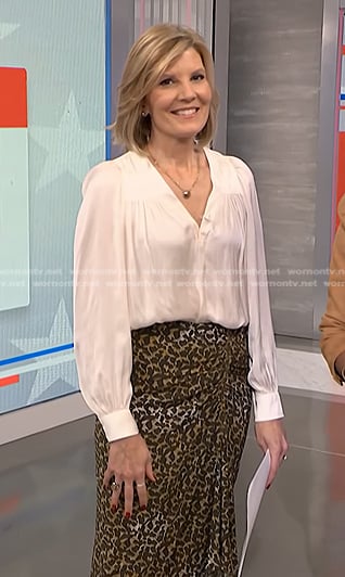 Kate’s white v-neck blouse and print skirt on NBC News Daily