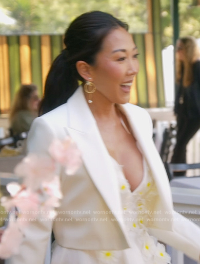 Katie’s white floral applique dress with cropped blazer on The Real Housewives of Orange County