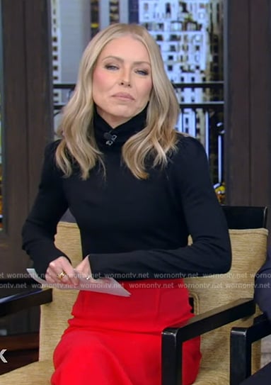 Kelly’s black turtleneck and red skirt on Live with Kelly and Mark