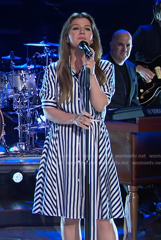 Kelly’s blue stripe shirtdress on The Kelly Clarkson Show