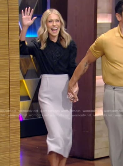 Kelly’s black satin blouse and skirt on Live with Kelly and Mark