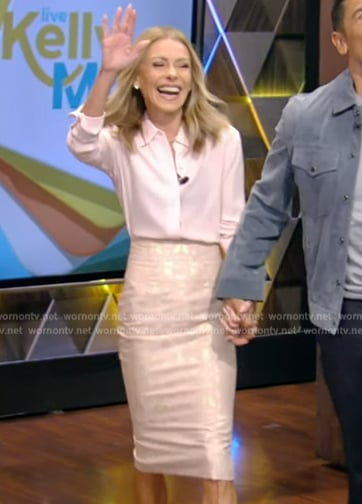 Kelly’s pink blouse and metallic skirt on Live with Kelly and Mark