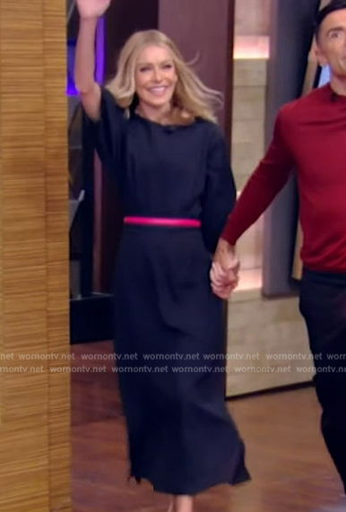 Kelly’s navy elbow sleeve midi dress on Live with Kelly and Ryan