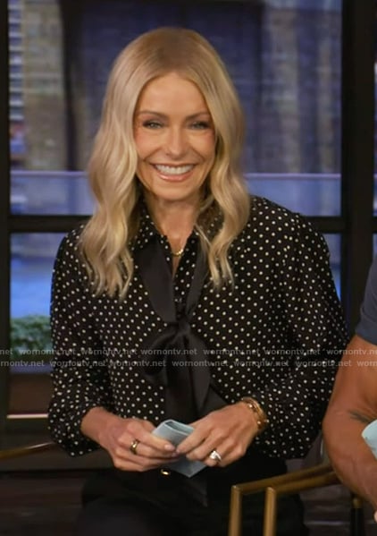 Kelly’s black polka dot print blouse on Live with Kelly and Mark