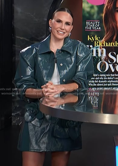 Keltie’s teal leather jacket and floral applique mini skirt on E! News