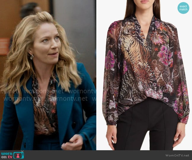Kobi Halperin Robin Tiger Print Chiffon Top worn by Lorna Crane (Becki Newton) on The Lincoln Lawyer