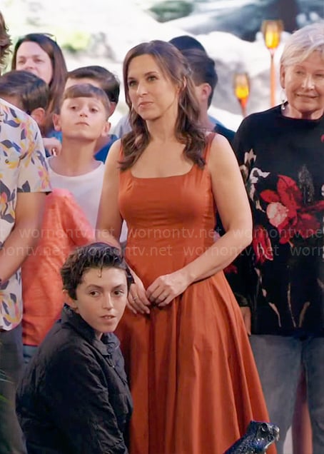 Lacey Chabert’s orange flared midi dress on Celebrations with Lacey Chabert
