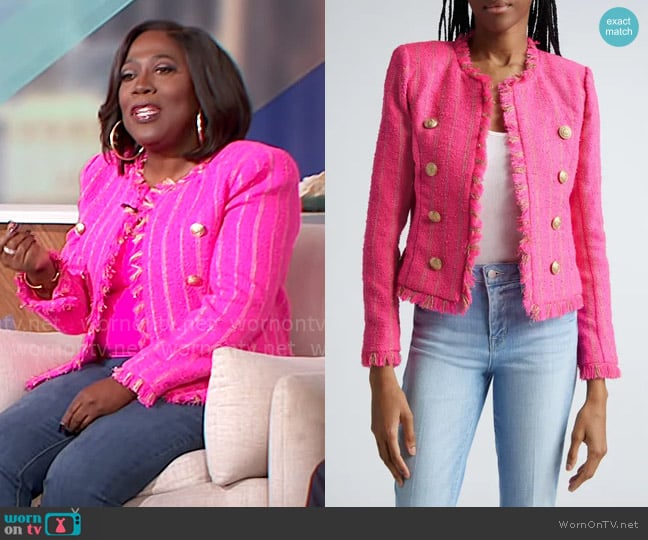 L'Agence Tinlee Jacket in Shocking Pink Gold Stripe worn by Sheryl Underwood on The Talk