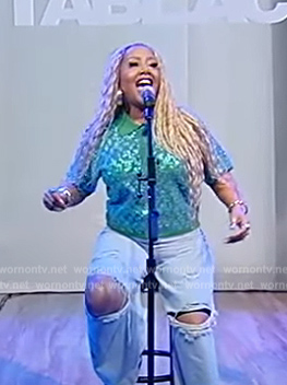 Lalah Hathaway’s green sequin polo on Tamron Hall Show