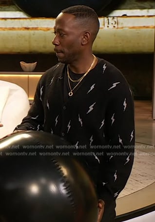 Lamorne Morris’s black lightning bolt cardigan on The Drew Barrymore Show