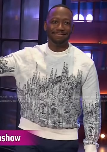 Lamorne Morris’s city print sweater on The Kelly Clarkson Show
