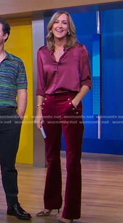 Lara’s red velvet flare pants on Good Morning America