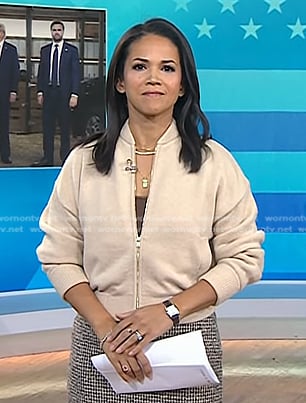 Laura’s beige knit bomber jacket on Today
