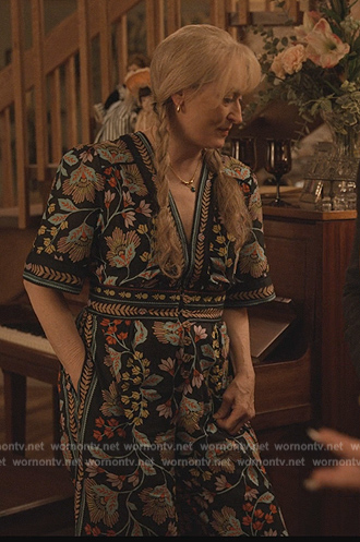 Loretta’s floral embroidered jumpsuit on Only Murders in the Building