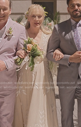 Loretta’s white embroidered maxi dress on Only Murders in the Building