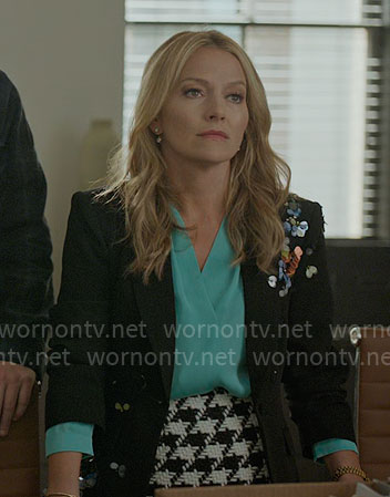 Lorna’s turquoise blouse, sequin embellished blazer and houndstooth skirt on The Lincoln Lawyer