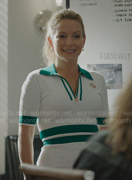 Lorna’s white and green cropped polo top and skirt set on The Lincoln Lawyer