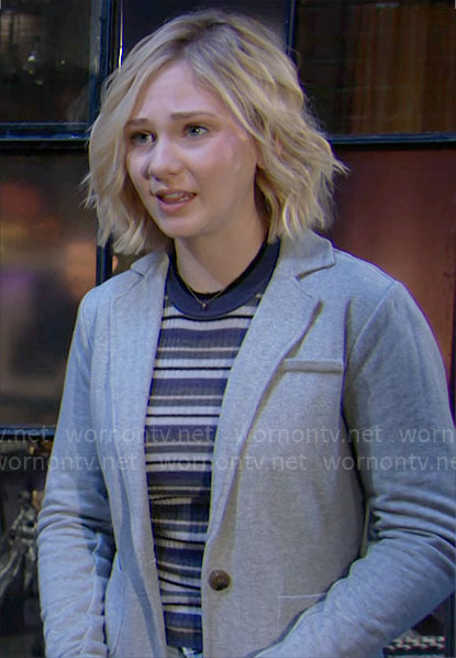 Lucy’s striped sweater with grey blazer on The Young and the Restless