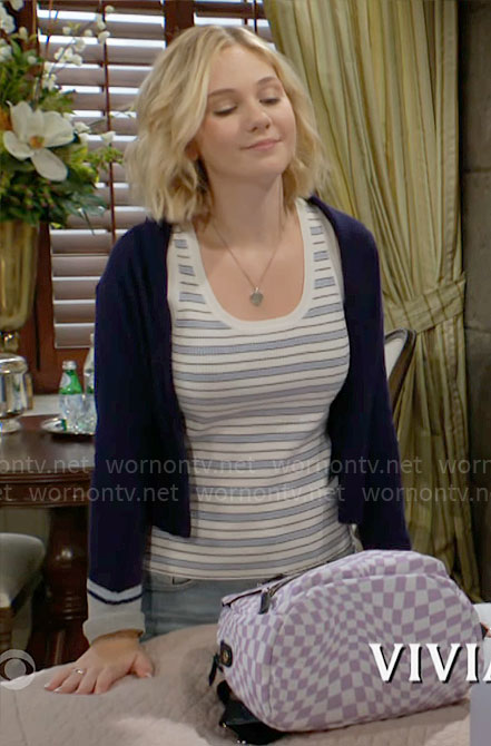 Lucy’s striped tank top and purple checked backpack on The Young and the Restless