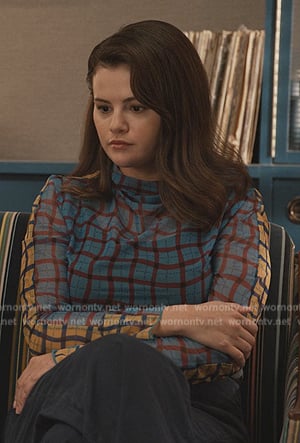 Mabel’s blue mesh grid print top on Only Murders in the Building